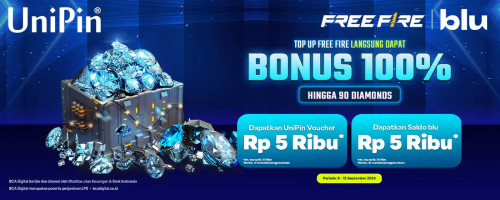 Bonus 100% Diamonds Cuma di Free Fire! Top Up Pakai blu Makin Hemat dengan Bonus Voucher UniPin dan Saldo blu 5Ribu!! 
